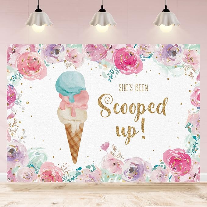 She's Been Scooped Up Backdrop Ice Cream Bridal Shower Party Pink Flowers Summer Photography Background Supplies Decorations Gift Floral Cake Table Banner Photo Booth Studio Props 7x5ft