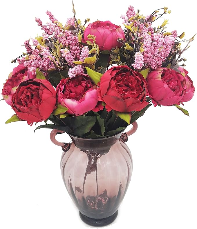 2pcs Artificial Peony Bouquets,19 Inch Silk Peony Bunch with 7 Faux Flowers,Classical Style Artificial Flowers with Leaves and Ornaments for Wedding,Home Décor Centerpieces(Red)