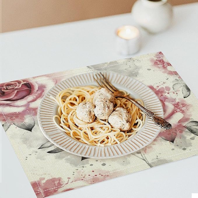 Rose Placemats Set of 8, 17x12 Inch Vintage Romantic Floral Pink Rose Gray Leaf White Table Mats for Home Party Kitchen Dining Decor