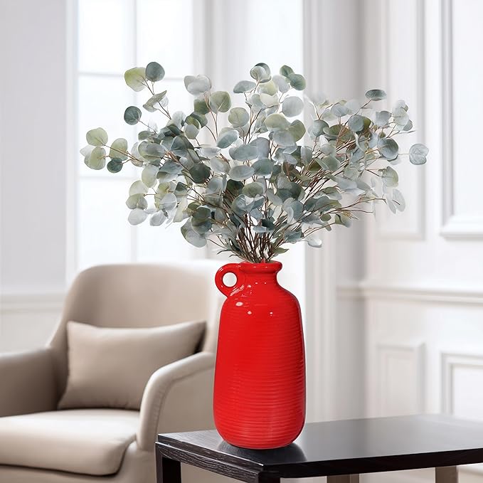 Sunddo Red Ceramic Vase - 10 Inch Modern Flower Vase for Home Decor, Decorative Vase with Handle, Red Decor for Entryway, Bedroom, Office, Centerpiece Table Decorations