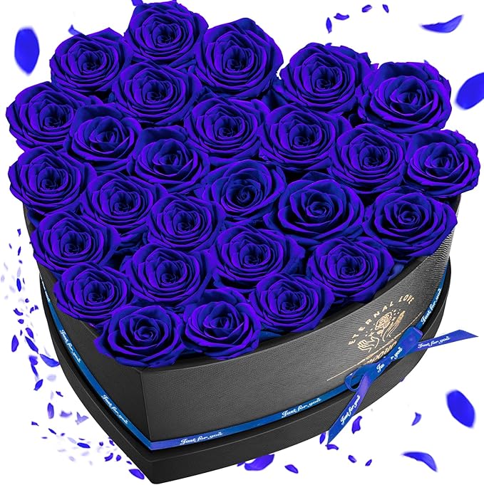 Preserved Rose in Heart Shape Box, 27 Forever Flowers, Eternal Roses, Birthday Gifts for Women, Wife, Her, Mother's Day, Blue