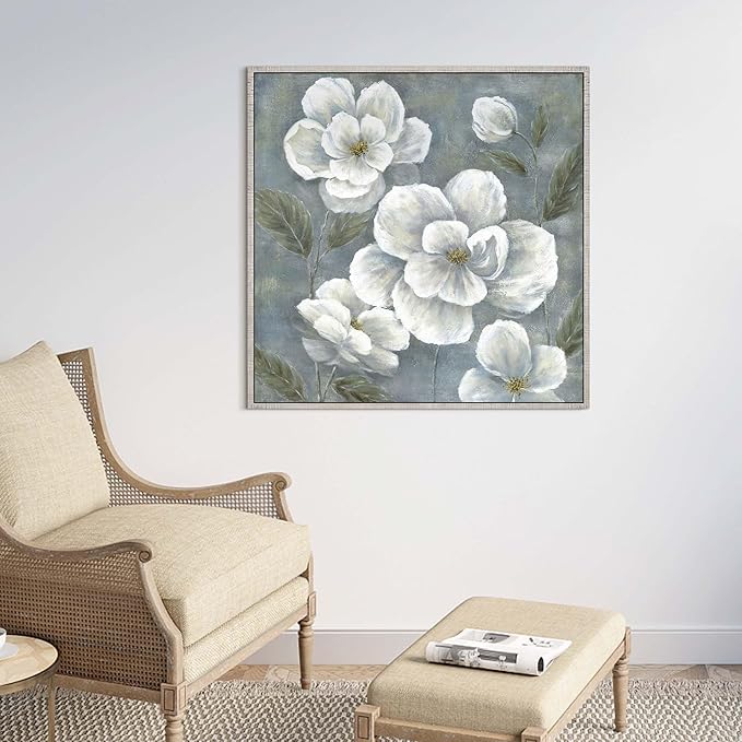 Floral Framed Canvas Wall Art - Vintage Blooming Gray Flowers Painting Abstract White Botanical Picture Modern Prints Artwork for Living Room