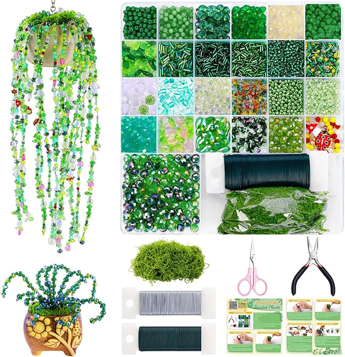 FOGWOWO 5422 Pcs Beaded Plant Kit Green Glass Beads for Plant Making with Video Tutorials,Green Beads for Beaded Plants Nature Colorful Crystal Glass Leaf Bead for DIY Crafts Plants Lover Gifts