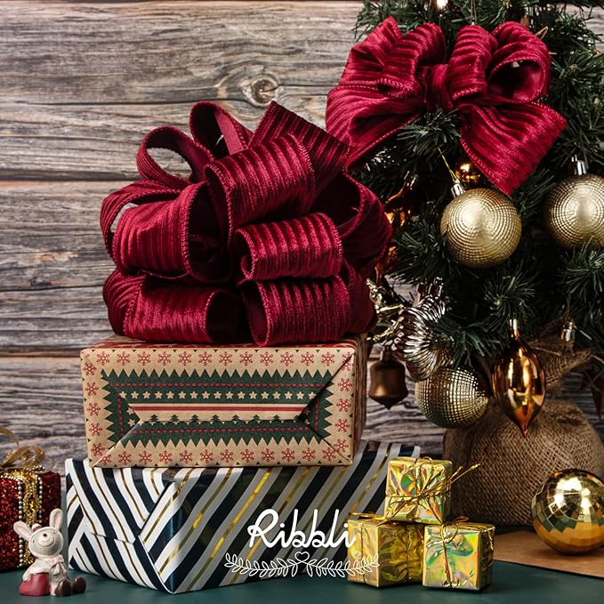 Ribbli Glossy Dark Red Velvet Wired Ribbon 2.5 Inch Striped Velvet Christmas Ribbon for Gift Wrapping Christmas Tree Decoration Crafts Wreaths Supplies-Continuous 10 Yards