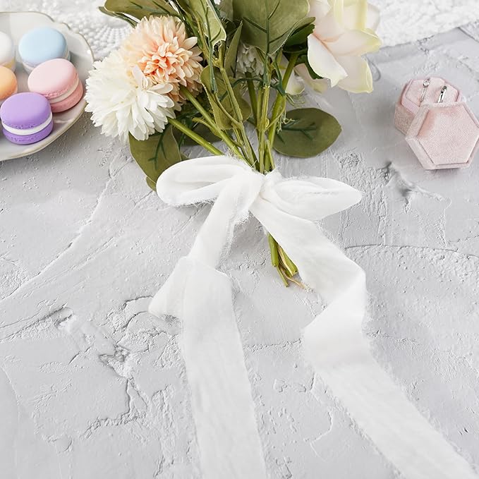 White Velvet Ribbon 1.5 Inch Frayed Silk Velvet Ribbon Rustic White Christmas Velvet for Gift Raw Edge Boho Style for Wedding Invitation Bridal Bouquet -3yards