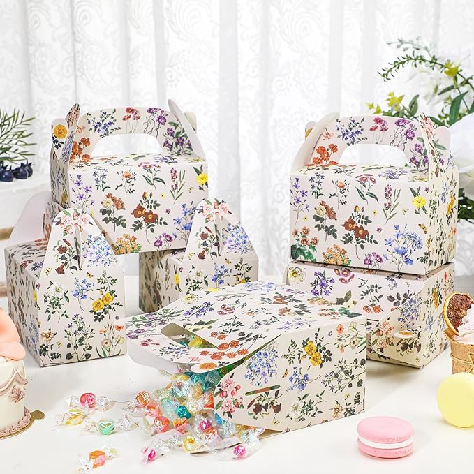 Dunzoom 24 Pack Multicolor Wildflower Paper Gift Boxes Party Favor Gift Gable Boxes with Chinoiserie Floral Printed Candy Treat Box for Wedding Birthday Tea Bridal Shower Party