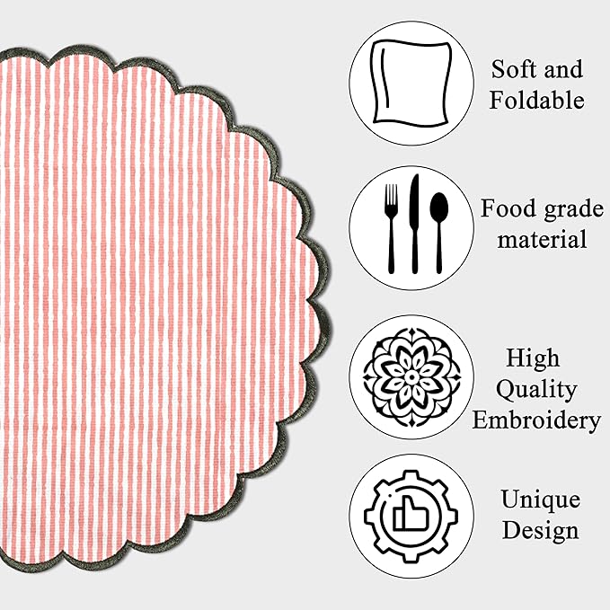 Ridhi Valentine Love Gift Round Pink Stripe Place Mat Double Layer Floral Cotton Washable Placemats 15" Embroidery Block Print Table Mat Pack of 4-15 Inch Heart