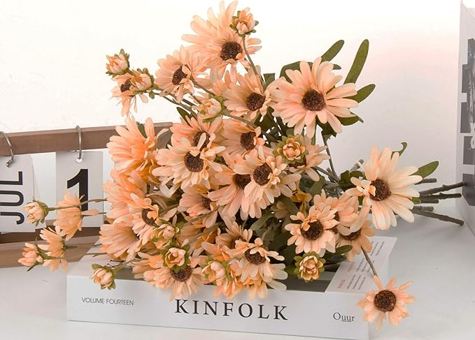 12pcs Gerbera Daisy Artificial Flowers 20 Inch Long Stem Artificial Daisy Mums for Home Décor Centerpiece Wedding Bridal Bouquet DIY(Light Champagne)