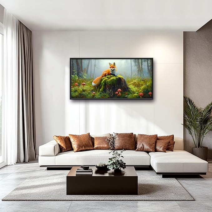 Forest Fox Large Wall Art Framed Rustic Wall Decor for Living Room Fox Mushroom Pictures Oversized Canvas Print Painting Modern Extra Large Framed Artwork for Bedroom Office 60"x30"