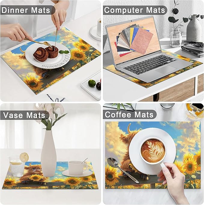 Cute Highland Cow Placemats Set of 4 Washable Table Mats Summer Yellow Sunflower Heat-Resistant Cotton Linen Place Mats for Dining Table Kitchen Indoor Outdoor Party Holiday Decor