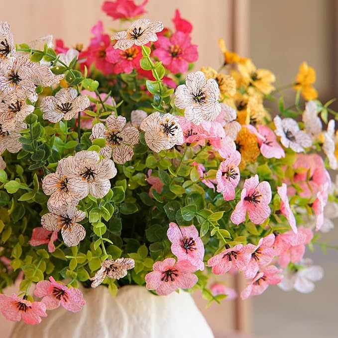 Artificial Flowers for Outdoor Indoor Garden Home Decoration, Faux Flower Daisy with Eucalyptus Leaves Fake Plants Greenery Boxwood Porch Patio, 10 Bundles(Pink-White)