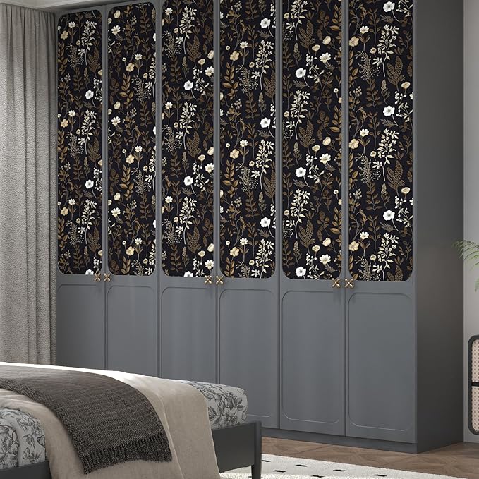 Vintage Dark Floral Small Roll Peelable Wallpaper 17.5" x 78", Moody Black Leaf Botanical Contact Paper for Drawer and DIY Craft, Retro Self Adhesive Wall Paper Brown Taupe Wall Art Decor