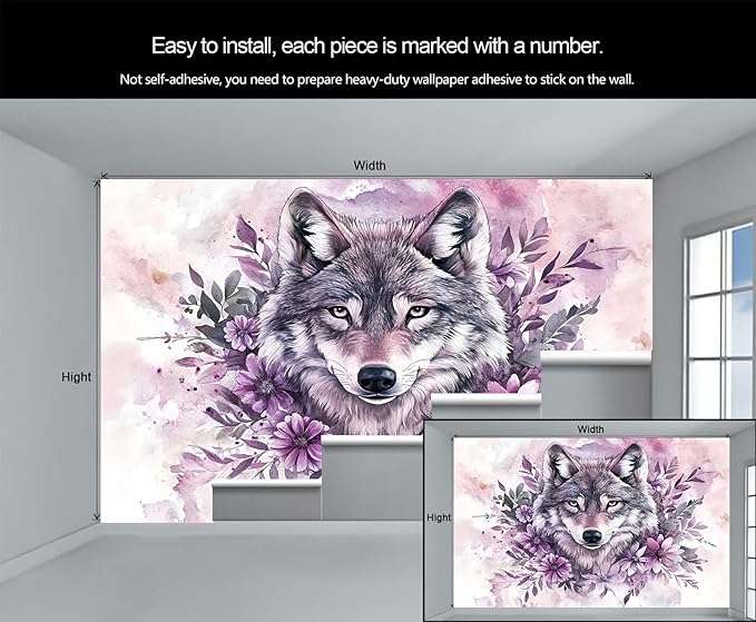 KIREUPA Wolf with Floral Watercolor Wall Mural, Purple Wolf Watercolor Art 3d Wall Murals, Art Flower Painting Wallpaper Mural, for Living Room Bedroom Large Wallpaper Indoor Decor 59" W x39.4 H