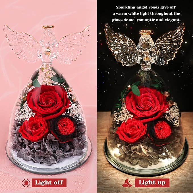 FIACO Gifts for Women Preserved Rose Forever Flower in Glass Angel Figurine Fresh Flowers for Delivery Mothers Day Birthday Gifts for Mom Grandma Wife Sister Red