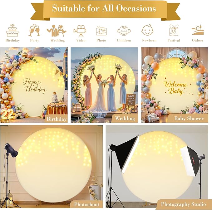 7.2 FT Beige Round Backdrop Cover with Lights String for Circle Arch Stand Circle Backdrop Covers with LED Fairy Lights for Wedding Arch Bridal Baby Shower Birthday Party Photo Photography Background