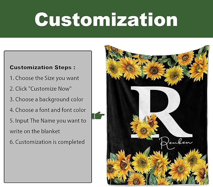 Jekeno Personalized Sunflower Blanket Custom Throw Blanket with Your Name Soft Warm Lightweight for Adults Women Gift 50"x60"
