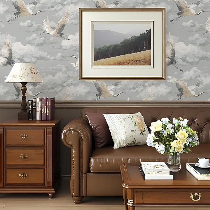 Peel and Stick Vintage Chinoiserie Animal Wallpaper Removable Grey Crane 17.7" x 236.22" Wall Paper Watercolor Self Adhesive Contact Paper for Classroom Bedroom Laundry Room Bathroom
