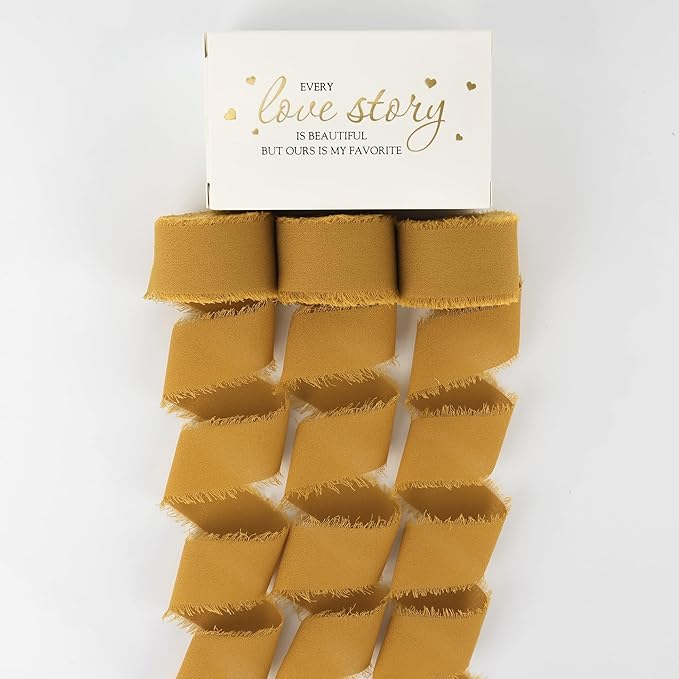 MEEDEE Ginger Yellow Chiffon Ribbon 1 Inch Frayed Chiffon Silk Fringe Ribbon Thin Chiffon for Crafts, Gift Wrapping, Wedding Invitation (3 Rolls 21 Yards)