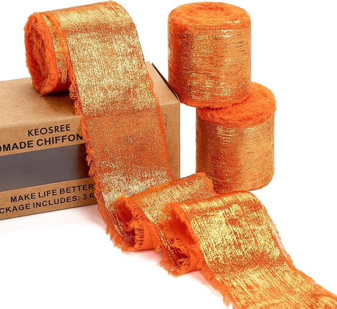 Orange Silk Chiffon Ribbon,Terracotta Frayed Shimmery Silk Ribbon for Bridal Flower Bouquet Christmas Gift Wrapping Wedding Decor Invitations Decorations 1.5" x 15 Yards (5Yards X 3 Rolls)