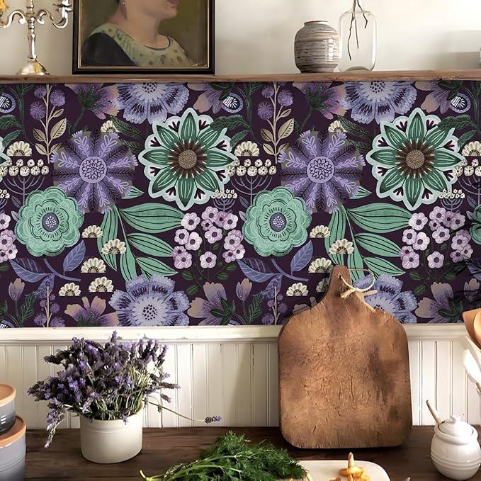 HAOKHOME Boho Peel and Stick Wallpaper Floral Purple Vintage Wall Paper Cottagecore for Bedroom Bathroom Accent Wall 17.3in x 9.8ft