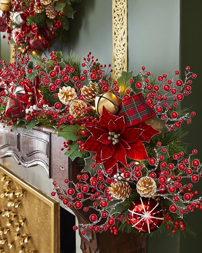 Hollyone 4 Pack Artificial Christmas Glitter Berries Stems, 19 Inch Fake Red Holly Berry Picks with Ice Snow for Christmas Tree Wreath Floral Arrangements Holiday Home Vase DIY Crafts Decor