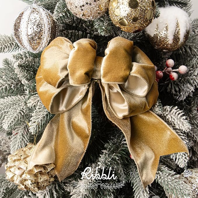 Ribbli Champagne Velvet Wired Ribbon 4 Inch Velvet with Satin Christmas Ribbon for Gift Wrapping Christmas Tree Decoration Crafts Wreaths Supplies-Continuous 10 Yards