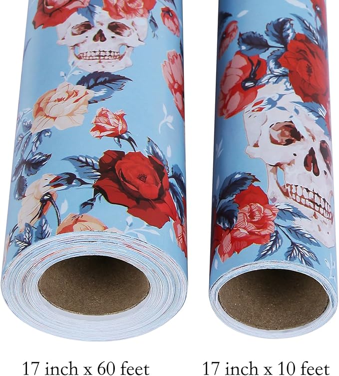 Aimyoo Blue Skull Floral Wrapping Paper Jumbo Roll 17 in x 60ft, Gothic Gift Wrap Paper for Halloween Wedding Bridal Shower