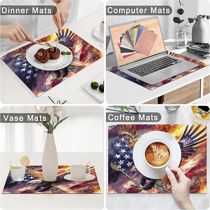 American Flag Placemats Set of 4 Washable Table Bald Eagle Heat-Resistant Cotton Linen Place Mats for Dining Table Kitchen Indoor Outdoor Party Holiday Decor