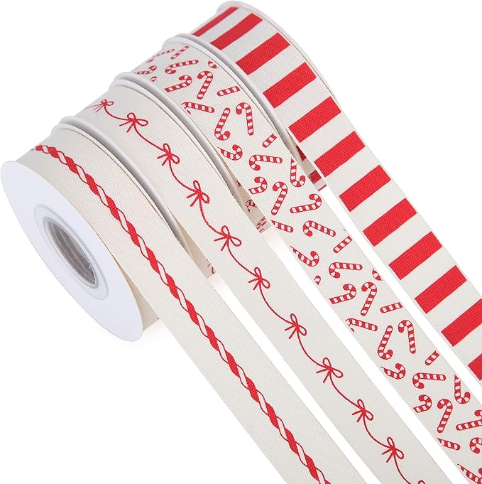 4 Rolls 20 Yards 5/8 Inch Christmas Candy Peppermint Ribbon Red and White Stripe Cotton Ribbons for Gift Wrapping, Wreath,Tree Decoration, Outdoor Deco (Red)