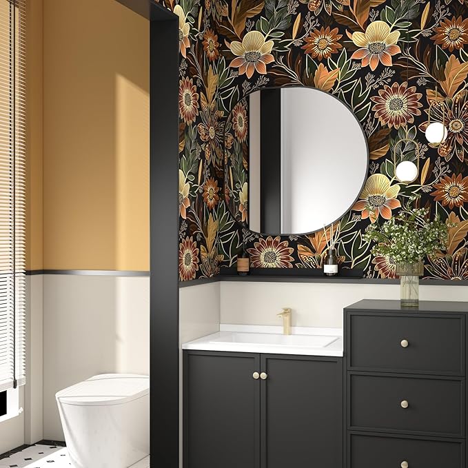 Boho Wallpaper Peel and Stick Dark Floral Wallpaper for Cabinet Vintage Contact Paper Waterproof Self Adhesive Removable Modern Wall Paper for Bedroom Stair Bathroom 17.5in x393in