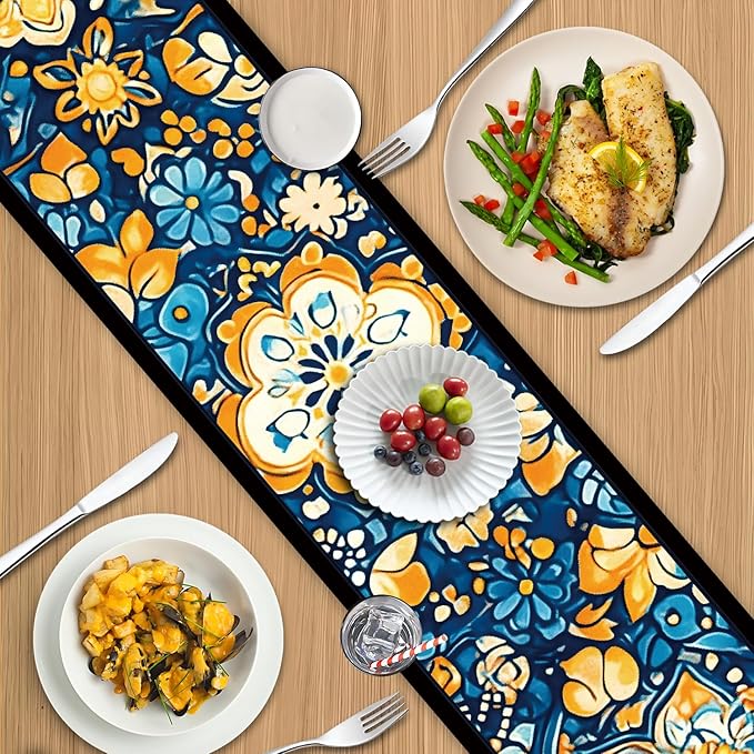 Bohemian Blue & Orange Floral Table Runner – 13x72 Inch Vintage Patterned Linen-Look Fabric, Rustic Dining Table Decor, Boho Chic Home Accent for Kitchen & Parties