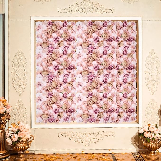 Flower Wall Panels 3D Flower Wall Backdrop, 6Pcs Artificial Flower Wall Panel Silk Rose Floral Decorative Faux Flower Wall Background for Wedding Home Decoration (Autumn Pink, 23.6*15.7in)