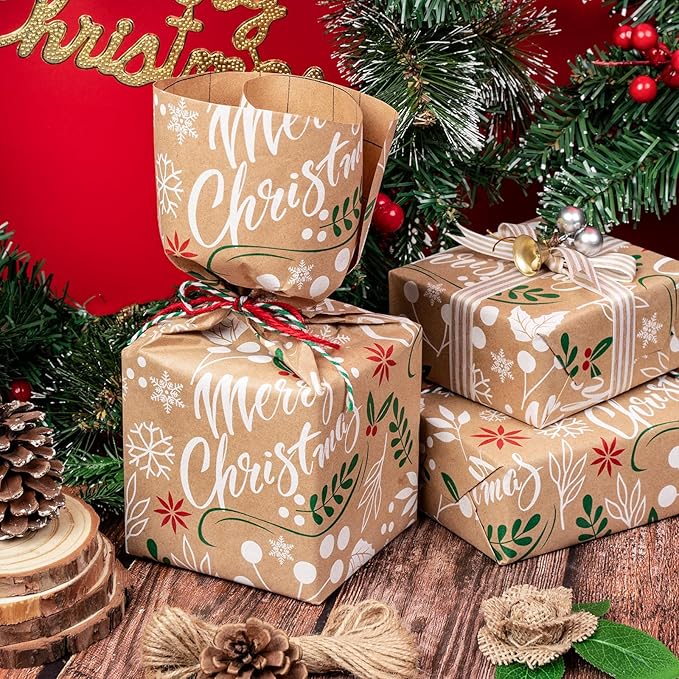 WRAPAHOLIC Kraft Christmas Wrapping Paper - Mini Roll - 17 Inch x 33 Feet - Merry Christmas Wrapping Paper with Leaves Design for Holiday, Party Celebration