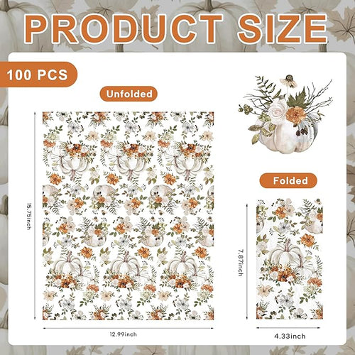 100pcs Thanksgiving White Pumpkin Paper Napkins 3 Ply Disposable Fall Pumpkin Guest Napkins Hand Towels for Bathroom Home Kitchen Table Harvest Party