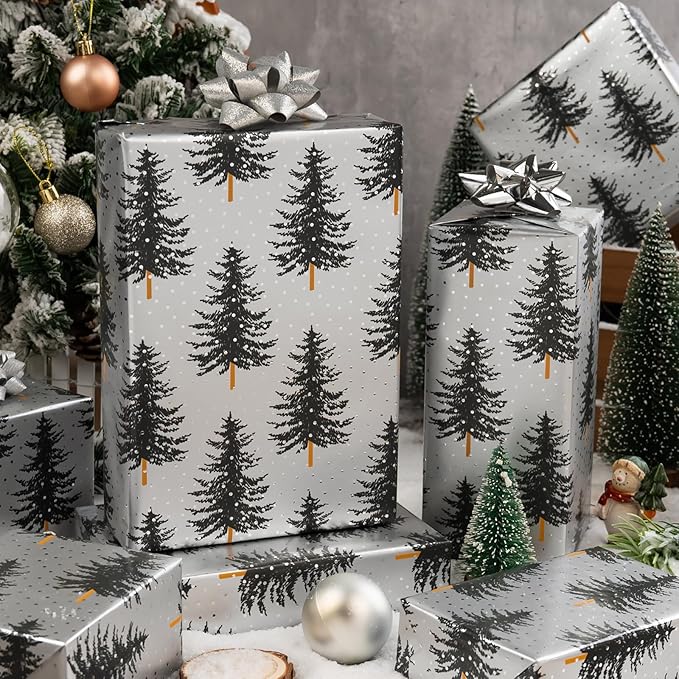 MAYPLUSS Christmas Gift Wrap Trees - 17 Inch X 33 Feet - Silver White Minimalist Christmas Trees Wrapping Paper Winter Festive Forest Present Sheet for Holiday, Seasonal Celebration
