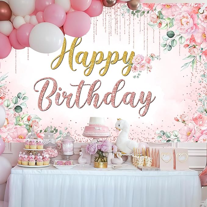 Avezano Happy Birthday Backdrop Banner for Girls Women Happy Birthday Banner Floral Glitters Happy Bday Background Party Supplies 70.8 x 43.3 Inch