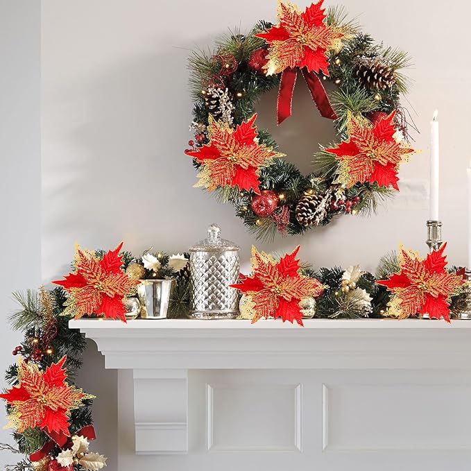 10'' Large Christmas Glitter Poinsettia Flowers Decorations, stadeco 10 Pcs Christmas Tree Picks Ornaments Artificial Flowers with Long Stems for Xmas Tree Wreath Garland Wedding Party DIY Decor