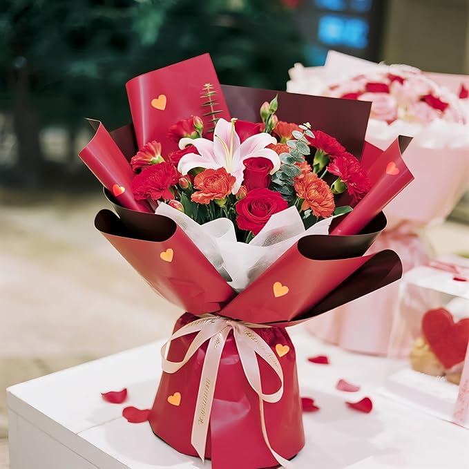LeZakaa 20 Sheets Flower Wrapping Paper, Red with Gold Heart Design Waterproof Floral Bouquet Paper for Valentine's Day, Wedding, Anniversary Romantic Gift Packaging