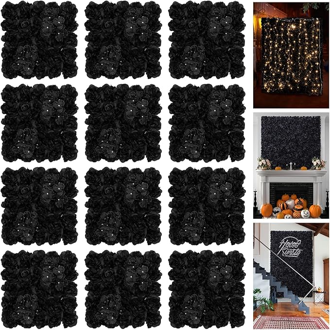 Flower Wall Backdrop 12pcs 16.5x16.5 Inch Floral Wall Panel Artificial Silk Rose Wall Decor Ideal for Wedding Celebrations, Festive Party Backdrops, and Home Decor-Black