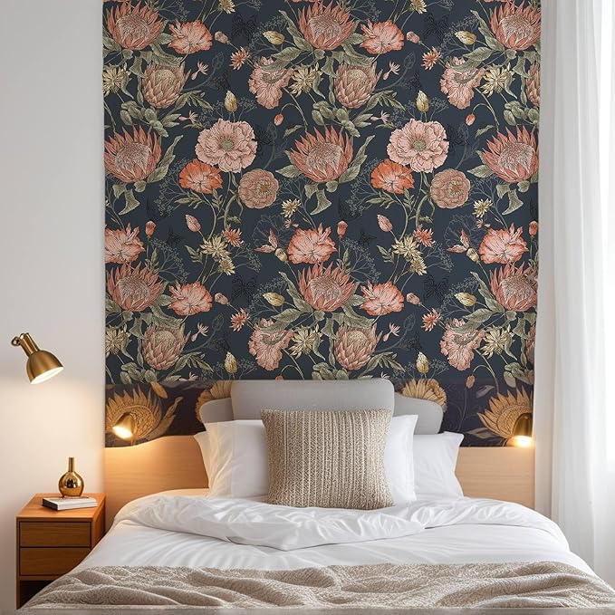 Floral Wallpaper Peel and Stick Floral Contact Paper Dark and Pink Vintage Wall Paper Removable Self Adhesive Vinyl Stick on Wallpaper for Bathroom Bedroom Decor 17.3in x 118in