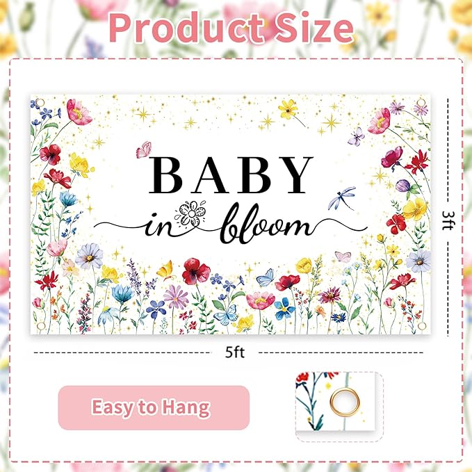 GodMax Baby in Bloom Backdrop Banner, Wildflower Baby Shower Decorations 3 x 5Ft Backdrop Banner Set