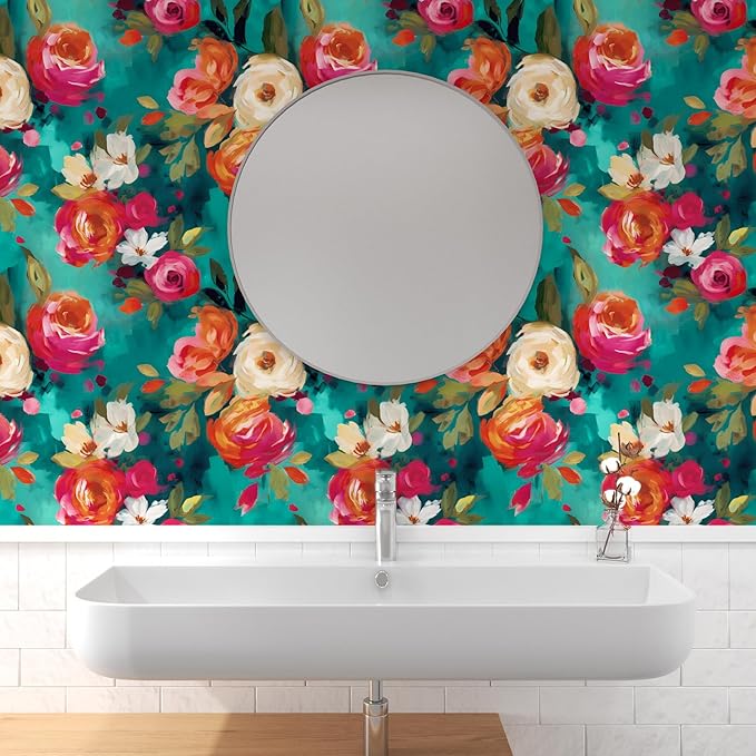 Watercolour Floral Peel and Stick Wallpaper Boho Vibrant Contact Paper Renter Friendly Wall Paper for Living Room Bedroom Drawer Cabinet Removable 17.5 x 78.5In