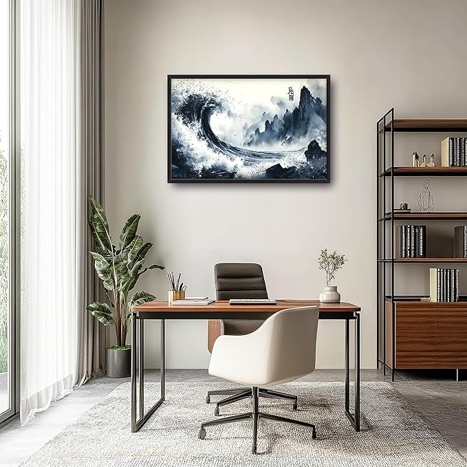 Mountain Wave Large Wall Art Framed Chinese Wall Decor for Living Room Waves Pictures Oversized Canvas Print Painting Modern Extra Large Framed Artwork for Bedroom Office Home Decor 36"x24"