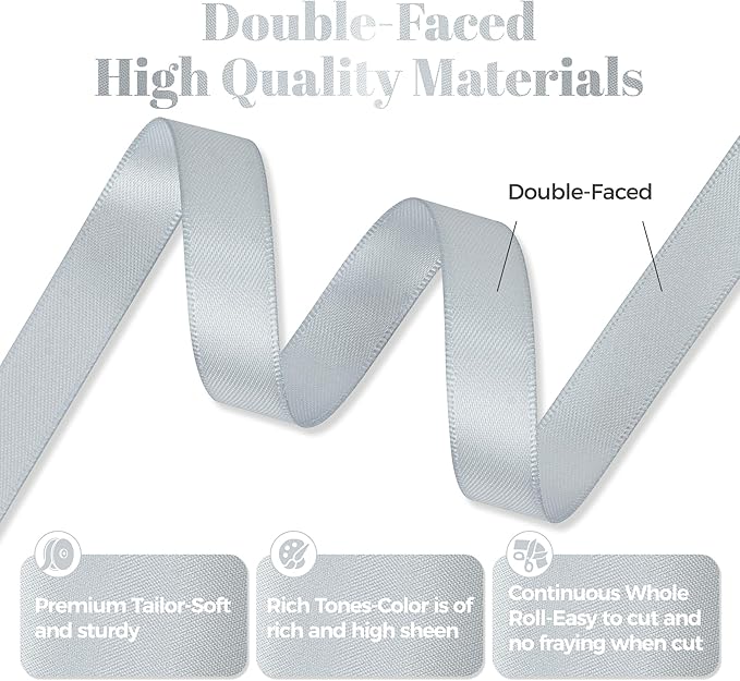 Silver Gray Satin Ribbon, Double Faced 1/2 Inch X 50 Yards Silver Gray Ribbon, Premium Satin Ribbon for Gift Wrapping, Crafts, Hair Bow Making, Sewing, Flower Bouquet, Wedding Party Decor