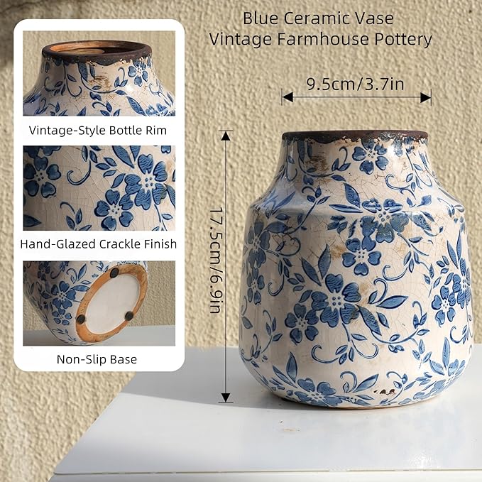Blue and White Ceramic Vase, Vintage Floral Pottery Vase with Crackle Glaze, Rustic Terracotta Decorative Vase for Fresh Flowers, Greenery & Modern Farmhouse Home Décor