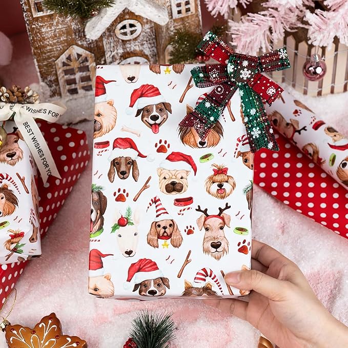 MAYPLUSS Christmas Wrapping Paper Roll - 17 Inch X 33 Feet - Cute Dog Hat Reversible Polka Dot Gift Wrapping Paper, Thick Wrap Paper for Holiday Party New Year Kids