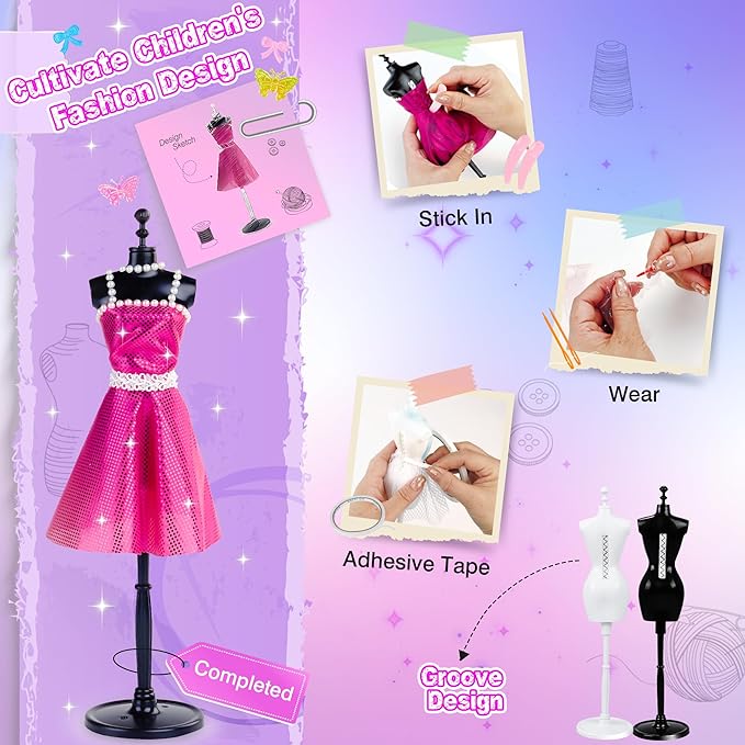 800+Pcs Fashion Designer Kit for Girls, Sewing Kit with 4 Mannequins, DIY Arts and Crafts Kit for Kids, Doll Clothes Making Kit, Girl Toys for Age 6 7 8 9 10 11 12 Year Old Gifts