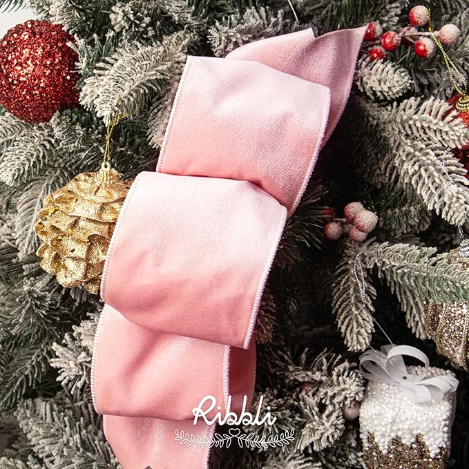 Ribbli Light Pink Velvet Wired Ribbon 4 Inch Velvet with Satin Christmas Ribbon for Gift Wrapping Christmas Tree Decoration Crafts Wreaths Supplies-Continuous 10 Yards