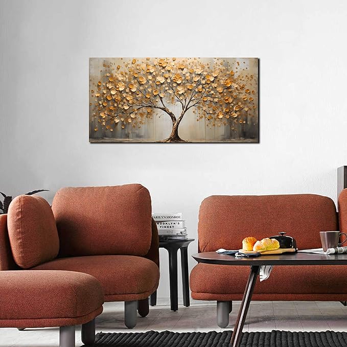 Tree Art Pictures for Wall in Living Room - Gold Yellow Canvas Wall Art for Bedroom - Abstract Art Wall Decor for Office Size 20" x 40"