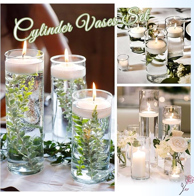 12 Pack Glass Cylinder Vases 8 Inch Tall Clear Flower Vase for Centerpieces, Hurricane Floating Candle Holder Wedding Decorations, Floral Vase Bulk for Table Shelf Party Home Deco (8 x 3.35 Inch)